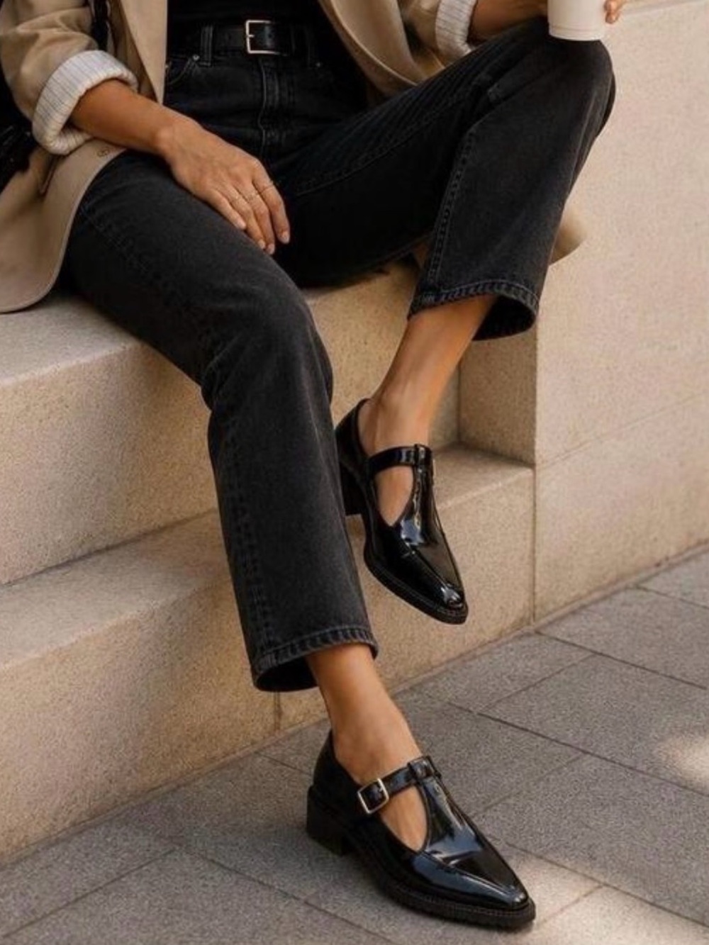 NIB Euro 90s Black Patent Chunky Platform Loafers Pointed Toe Mary Jane Shoes